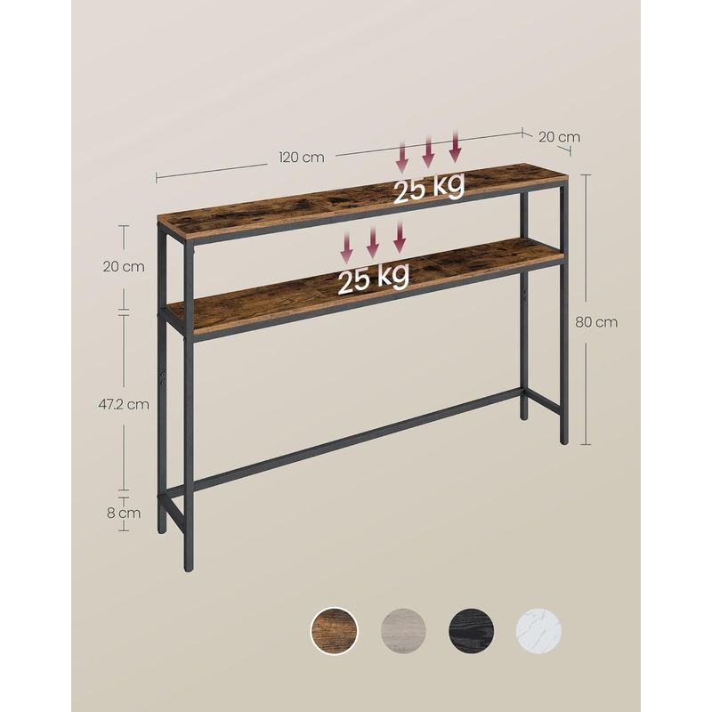 Casa si Gradina - Mobilier - Mese si birouri - Masute de cafea - Masa tip consola ingusta cu 2 rafturi, cadru metalic, stil industrial, 120x20x80 cm, maro rustic - Infinity.ro