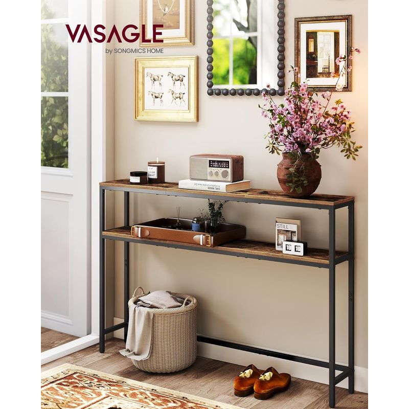 Casa si Gradina - Mobilier - Mese si birouri - Masute de cafea - Masa tip consola ingusta cu 2 rafturi, cadru metalic, stil industrial, 120x20x80 cm, maro rustic - Infinity.ro