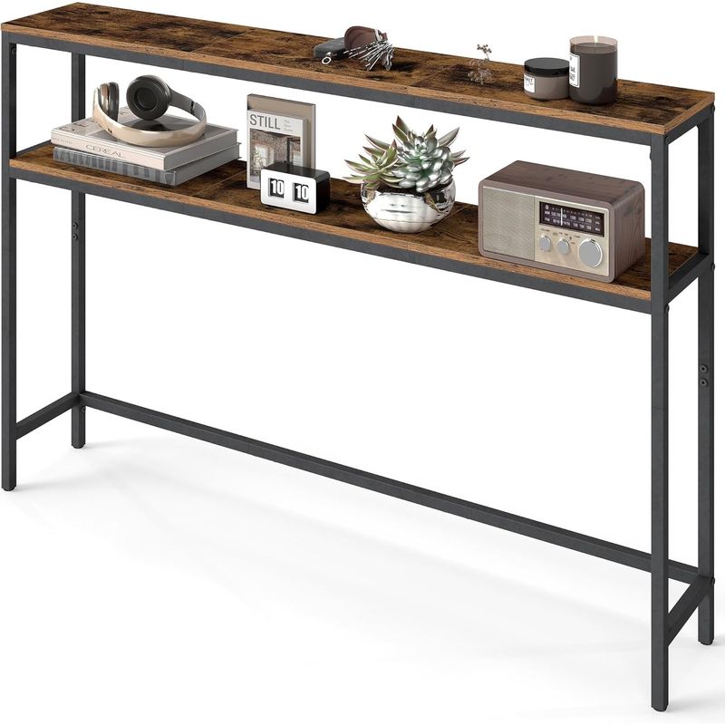 Casa si Gradina - Mobilier - Mese si birouri - Masute de cafea - Masa tip consola ingusta cu 2 rafturi, cadru metalic, stil industrial, 120x20x80 cm, maro rustic - Infinity.ro