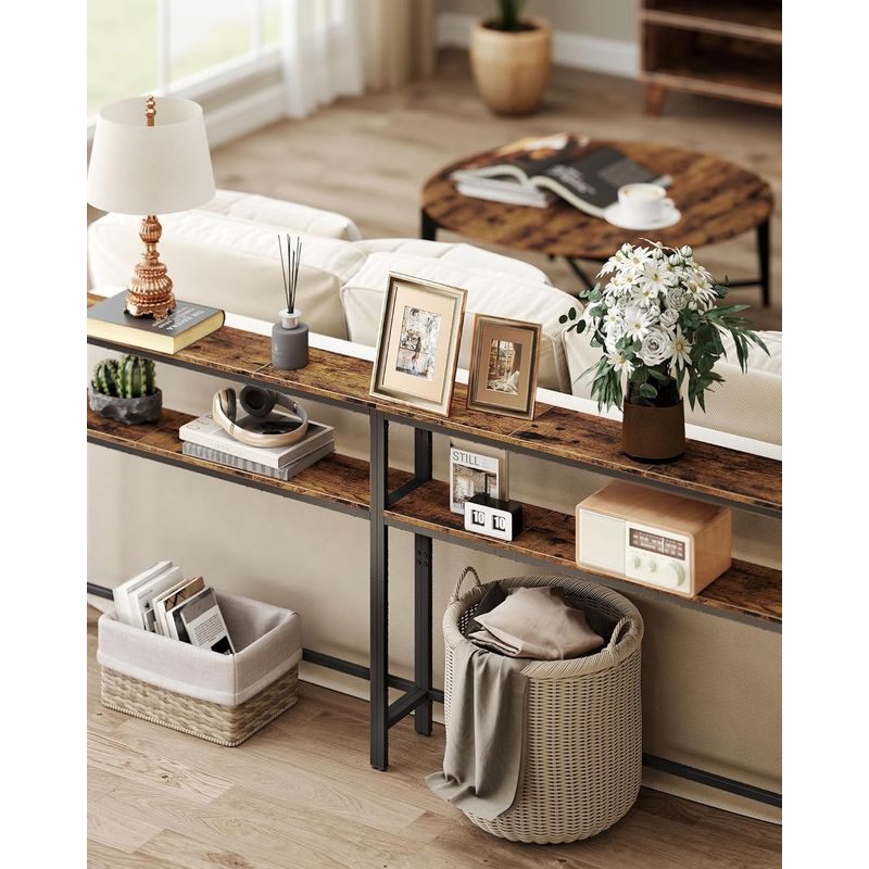 Casa si Gradina - Mobilier - Mese si birouri - Masute de cafea - Masa tip consola ingusta cu 2 rafturi, cadru metalic, stil industrial, 120x20x80 cm, maro rustic - Infinity.ro
