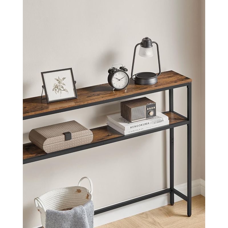 Casa si Gradina - Mobilier - Mese si birouri - Masute de cafea - Masa tip consola ingusta cu 2 rafturi, cadru metalic, stil industrial, 80x20x80 cm, maro rustic - Infinity.ro