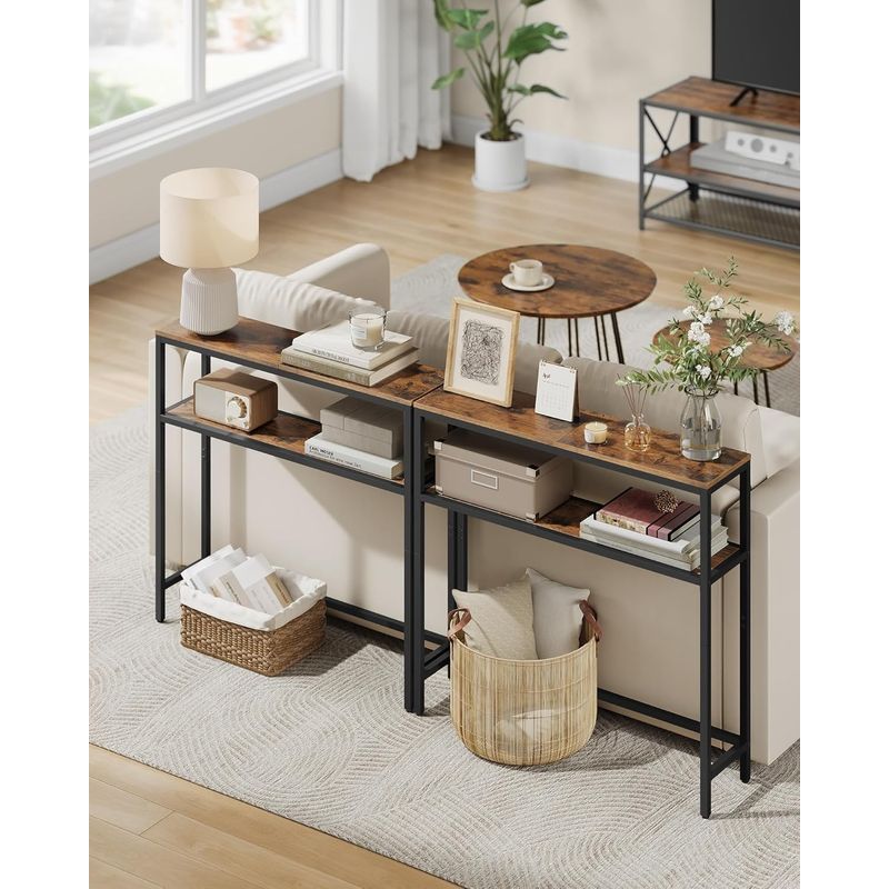 Casa si Gradina - Mobilier - Mese si birouri - Masute de cafea - Masa tip consola ingusta cu 2 rafturi, cadru metalic, stil industrial, 80x20x80 cm, maro rustic - Infinity.ro