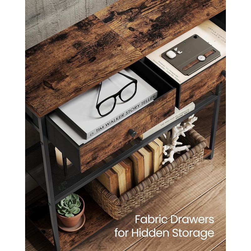 Casa si Gradina - Mobilier - Mese si birouri - Masute de cafea - Masa tip consola ingusta cu 2 sertare textile si 3 niveluri, cadru metalic, stil industrial, 76x24x80 cm, maro rustic - Infinity.ro
