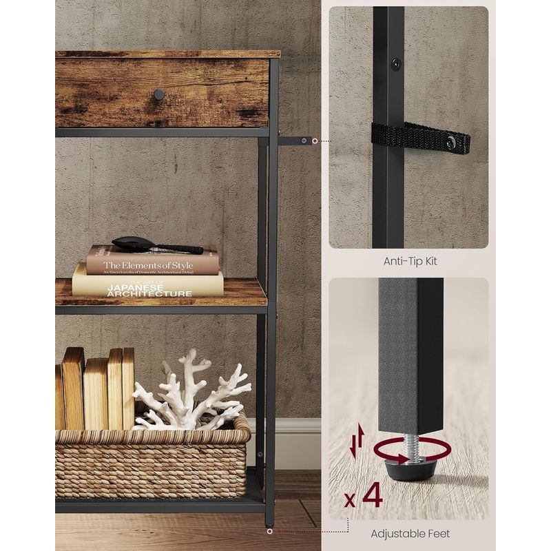 Casa si Gradina - Mobilier - Mese si birouri - Masute de cafea - Masa tip consola ingusta cu 2 sertare textile si 3 niveluri, cadru metalic, stil industrial, 76x24x80 cm, maro rustic - Infinity.ro