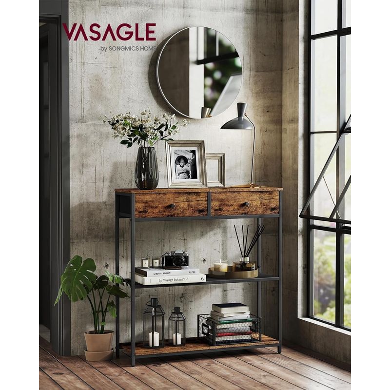 Casa si Gradina - Mobilier - Mese si birouri - Masute de cafea - Masa tip consola ingusta cu 2 sertare textile si 3 niveluri, cadru metalic, stil industrial, 76x24x80 cm, maro rustic - Infinity.ro