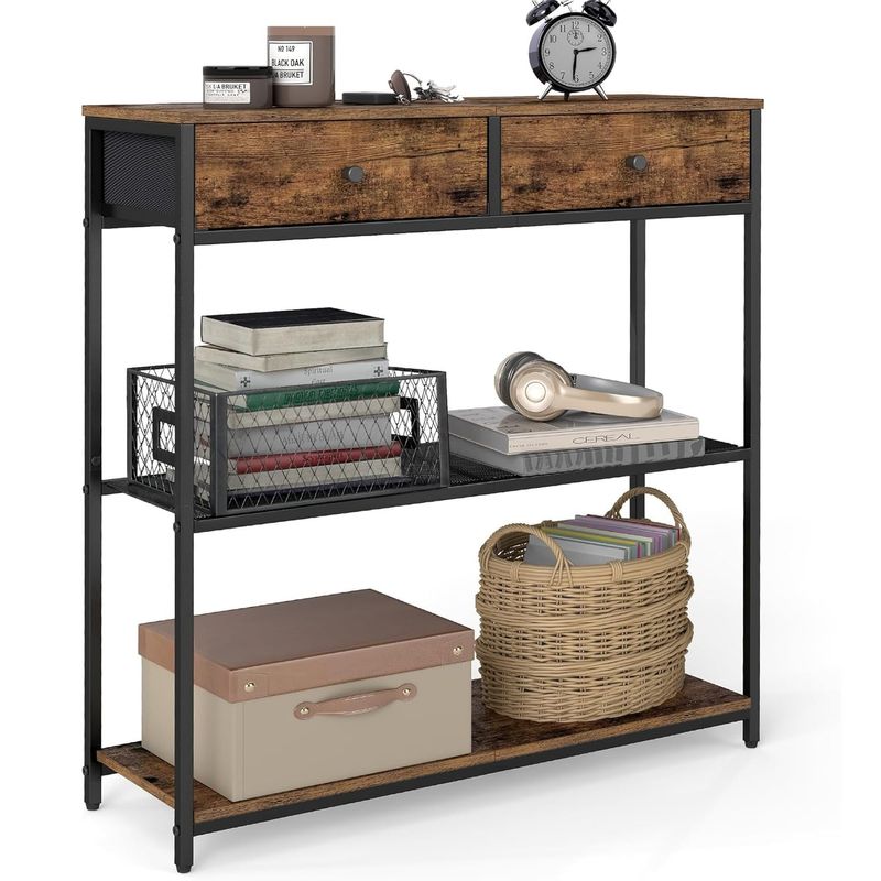 Casa si Gradina - Mobilier - Mese si birouri - Masute de cafea - Masa tip consola ingusta cu 2 sertare textile si 3 niveluri, cadru metalic, stil industrial, 76x24x80 cm, maro rustic - Infinity.ro