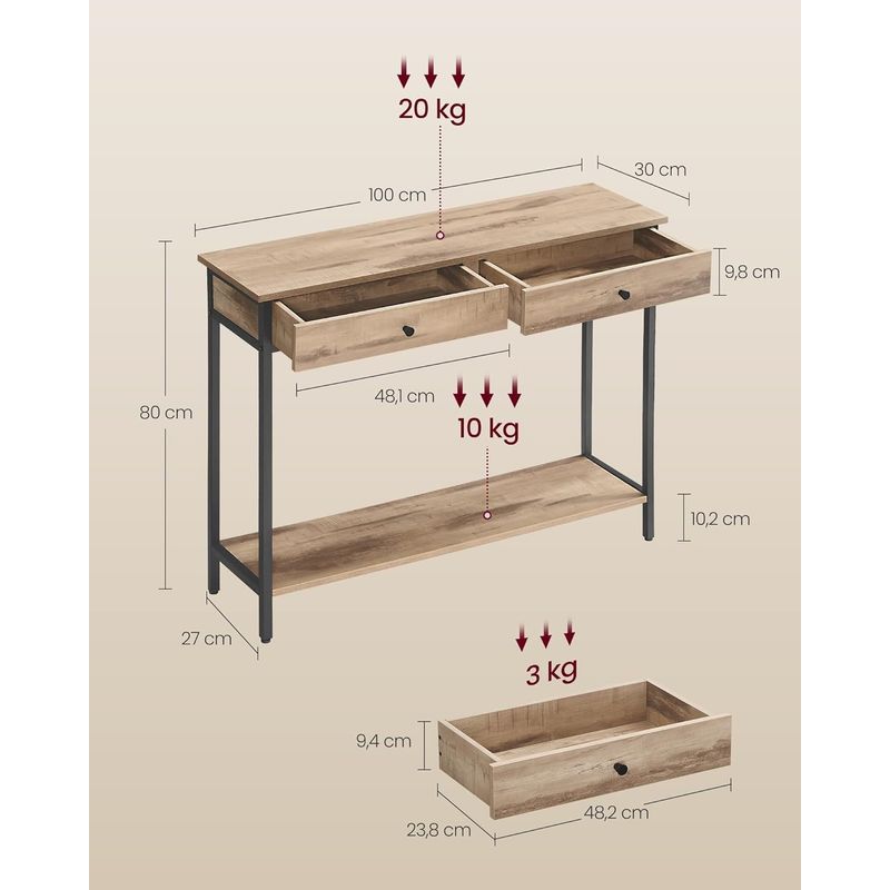 Casa si Gradina - Mobilier - Mese si birouri - Masute de cafea - Masa tip consola cu 2 sertare, blat aspect lemn si cadru metalic, stil industrial, 100x30x80 cm, maro camel - Infinity.ro