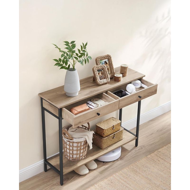 Casa si Gradina - Mobilier - Mese si birouri - Masute de cafea - Masa tip consola cu 2 sertare, blat aspect lemn si cadru metalic, stil industrial, 100x30x80 cm, maro camel - Infinity.ro