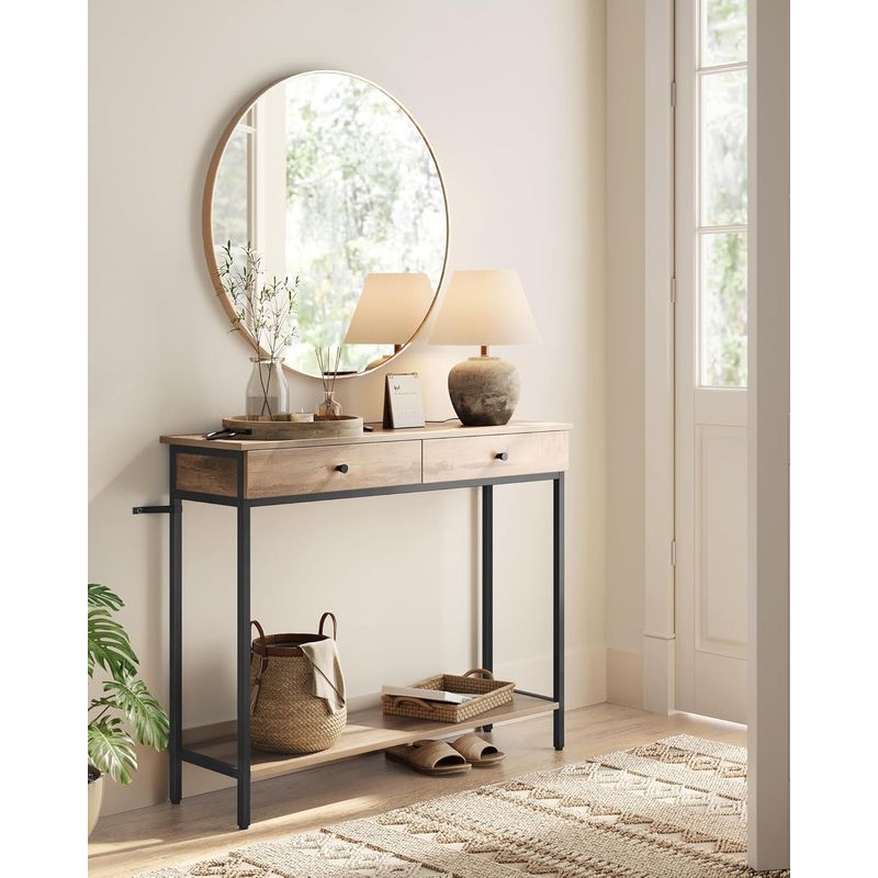 Casa si Gradina - Mobilier - Mese si birouri - Masute de cafea - Masa tip consola cu 2 sertare, blat aspect lemn si cadru metalic, stil industrial, 100x30x80 cm, maro camel - Infinity.ro