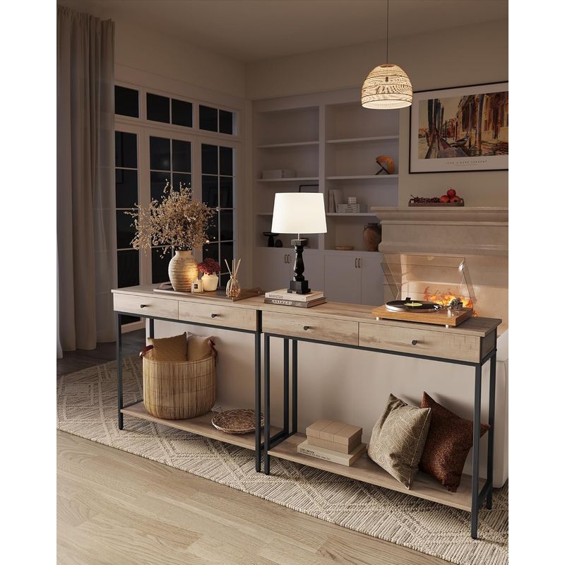 Casa si Gradina - Mobilier - Mese si birouri - Masute de cafea - Masa tip consola cu 2 sertare, blat aspect lemn si cadru metalic, stil industrial, 100x30x80 cm, maro camel - Infinity.ro