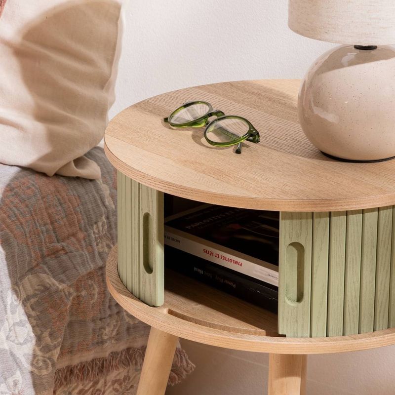 Casa si Gradina - Mobilier - Comode si corpuri - Noptiere - Noptiera rotunda Nysos cu 2 usi glisante si raft interior, 40x54 cm, verde - Infinity.ro