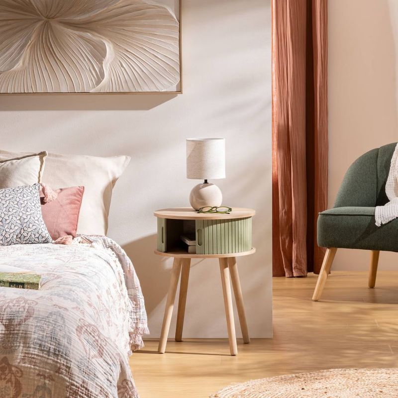 Casa si Gradina - Mobilier - Comode si corpuri - Noptiere - Noptiera rotunda Nysos cu 2 usi glisante si raft interior, 40x54 cm, verde - Infinity.ro