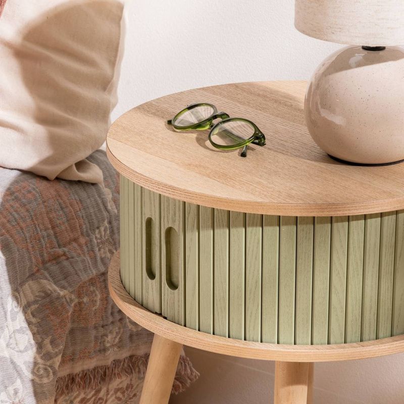 Casa si Gradina - Mobilier - Comode si corpuri - Noptiere - Noptiera rotunda Nysos cu 2 usi glisante si raft interior, 40x54 cm, verde - Infinity.ro
