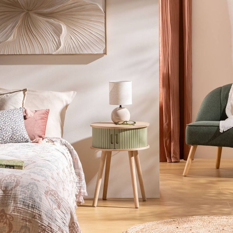 Casa si Gradina - Mobilier - Comode si corpuri - Noptiere - Noptiera rotunda Nysos cu 2 usi glisante si raft interior, 40x54 cm, verde - Infinity.ro