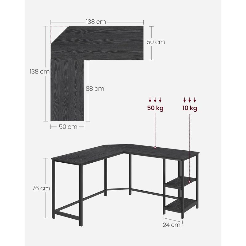 Casa si Gradina - Mobilier - Mese si birouri - Birouri - Birou de colt in forma L, cadru metalic, stil industrial, 138x138x76 cm, negru cu aspect lemnos - Infinity.ro
