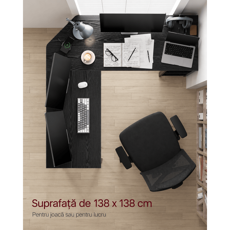 Casa si Gradina - Mobilier - Mese si birouri - Birouri - Birou de colt in forma L, cadru metalic, stil industrial, 138x138x76 cm, negru cu aspect lemnos - Infinity.ro