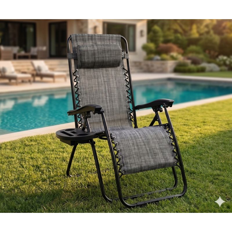 Casa si Gradina - Gradina si terasa - Mobilier exterior - Scaune si sezlonguri gradina - Sezlong pliabil pentru gradina cu tetiera, cadru metalic, suport pahare, maxim 120 kg, 174x65x112 cm, gri - Infinity.ro