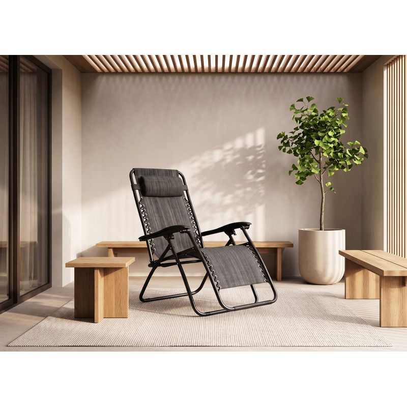 Casa si Gradina - Gradina si terasa - Mobilier exterior - Scaune si sezlonguri gradina - Sezlong pliabil pentru gradina cu tetiera, cadru metalic, suport pahare, maxim 120 kg, 174x65x112 cm, gri - Infinity.ro