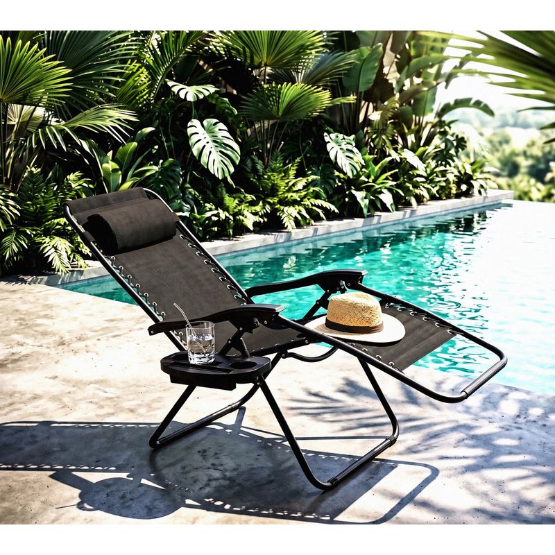 Casa si Gradina - Gradina si terasa - Mobilier exterior - Scaune si sezlonguri gradina - Sezlong pliabil pentru gradina cu tetiera, cadru metalic, suport pahare, maxim 120 kg, 174x65x112 cm, gri - Infinity.ro