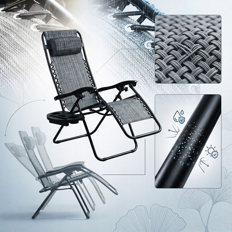 Casa si Gradina - Gradina si terasa - Mobilier exterior - Scaune si sezlonguri gradina - Sezlong pliabil pentru gradina cu tetiera, cadru metalic, suport pahare, maxim 120 kg, 174x65x112 cm, gri - Infinity.ro