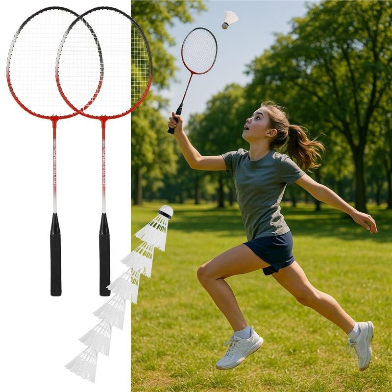 Petshop - Accesorii petshop - Jucarii animale - Jucarii educative - Set badminton 9 piese, 2 rachete metalice, 6 fluturasi si husa, 66 cm, multicolor - Infinity.ro