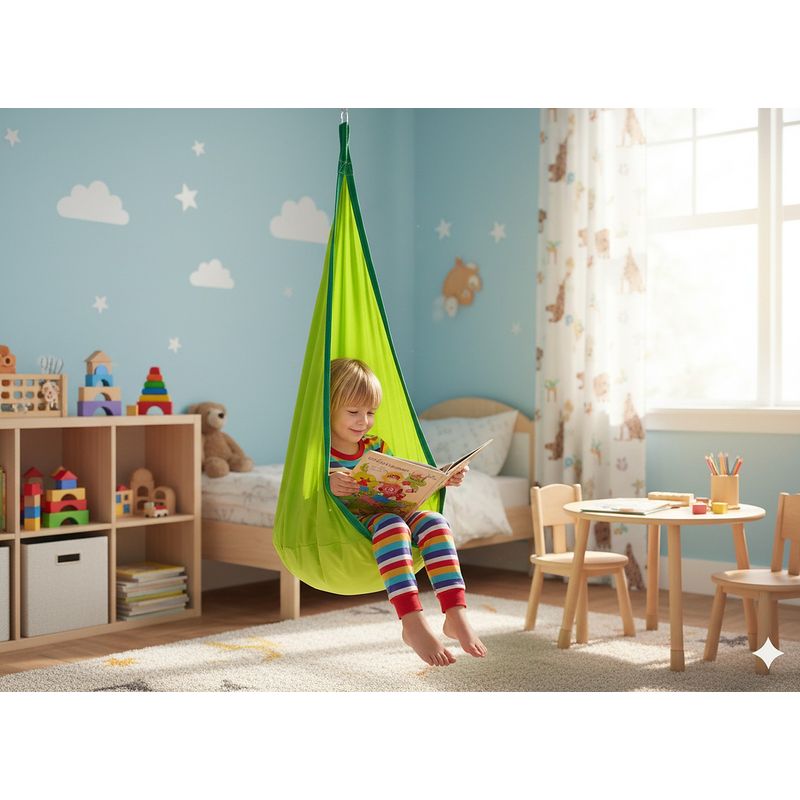 Petshop - Accesorii petshop - Jucarii animale - Jucarii educative - Leagan suspendat tip cocon pentru copii 70x150 cm, textil, pentru interior si exterior, verde - Infinity.ro