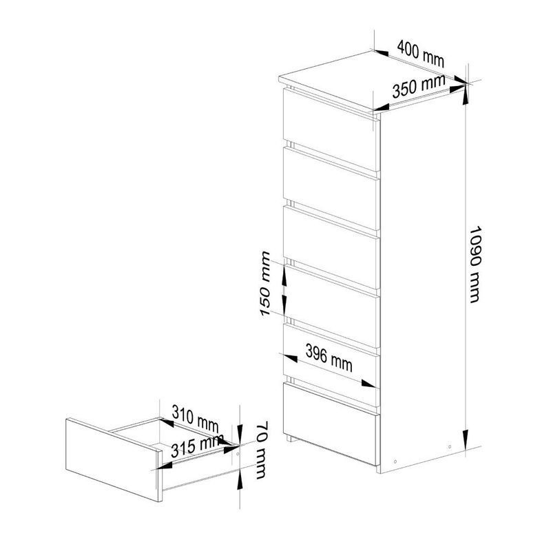 Casa si Gradina - Mobilier - Comode si corpuri - Comode - Comoda cu 6 sertare, PAL laminat 16 mm, 40x35x109 cm, gri si stejar artisan - Infinity.ro