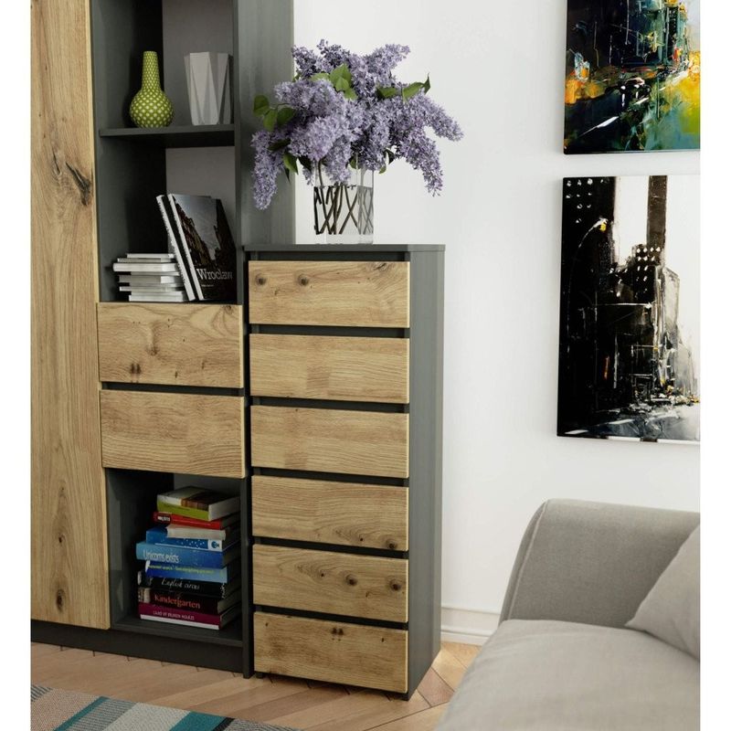 Casa si Gradina - Mobilier - Comode si corpuri - Comode - Comoda cu 6 sertare, PAL laminat 16 mm, 40x35x109 cm, gri si stejar artisan - Infinity.ro