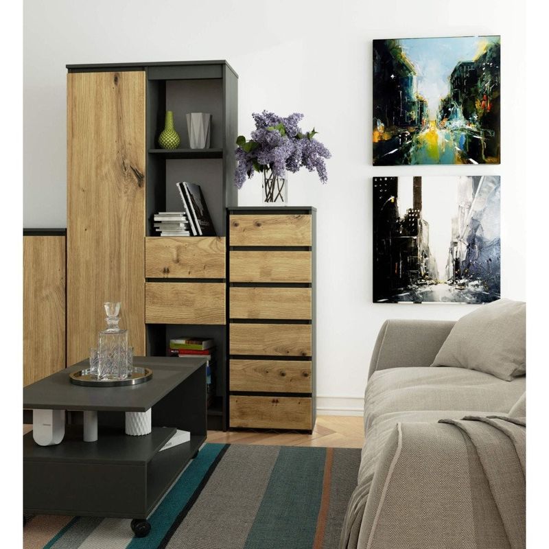 Casa si Gradina - Mobilier - Comode si corpuri - Comode - Comoda cu 6 sertare, PAL laminat 16 mm, 40x35x109 cm, gri si stejar artisan - Infinity.ro