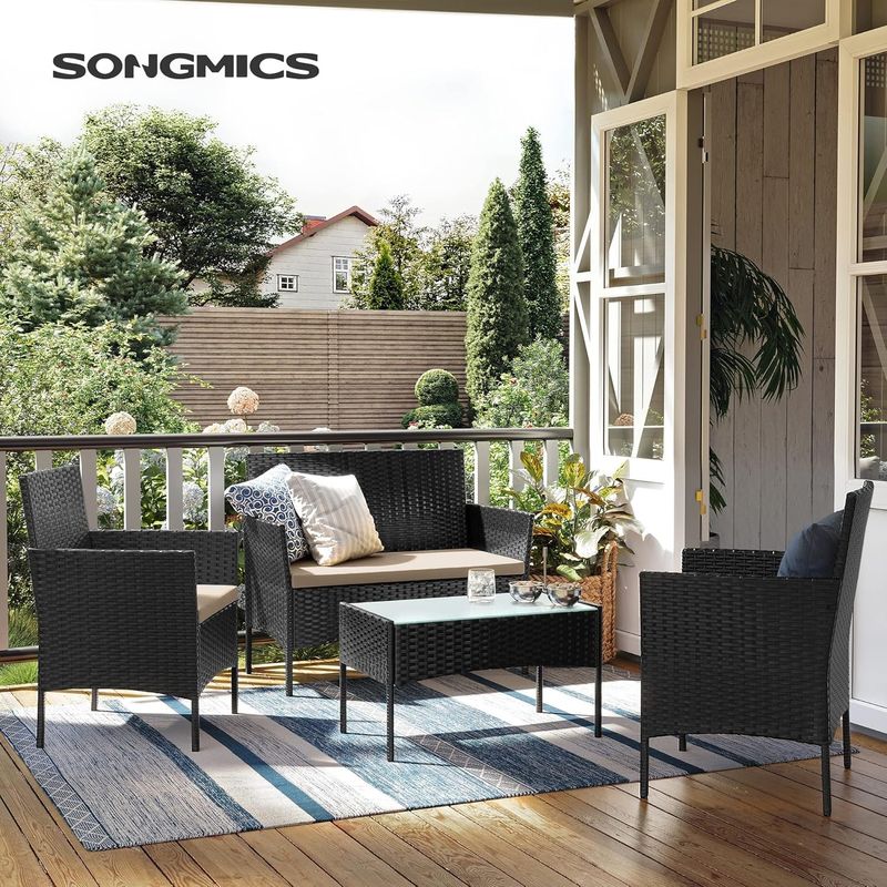 Casa si Gradina - Gradina si terasa - Mobilier exterior - Seturi mobila gradina - Set mobilier gradina 4 locuri, canapea, 2 scaune si masa cu sticla, ratan PE, negru - Infinity.ro