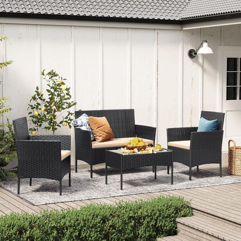 Casa si Gradina - Gradina si terasa - Mobilier exterior - Seturi mobila gradina - Set mobilier gradina 4 locuri, canapea, 2 scaune si masa cu sticla, ratan PE, negru - Infinity.ro