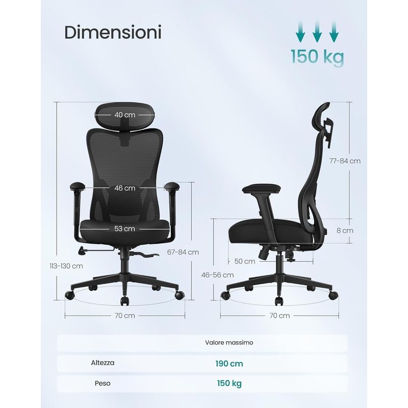 Casa si Gradina - Mobilier - Scaune si fotolii - Scaune - Scaun de birou ergonomic cu tetiera reglabila, suport lombar ajustabil, maxim 150 kg, 70x70x113-130 cm, negru - Infinity.ro