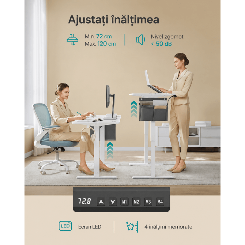 Casa si Gradina - Mobilier - Mese si birouri - Birouri - Birou reglabil electric, inaltime ajustabila 72-120 cm, cadru otel, blat PAL 140x60 cm, functie memorie 4 pozitii, alb - Infinity.ro