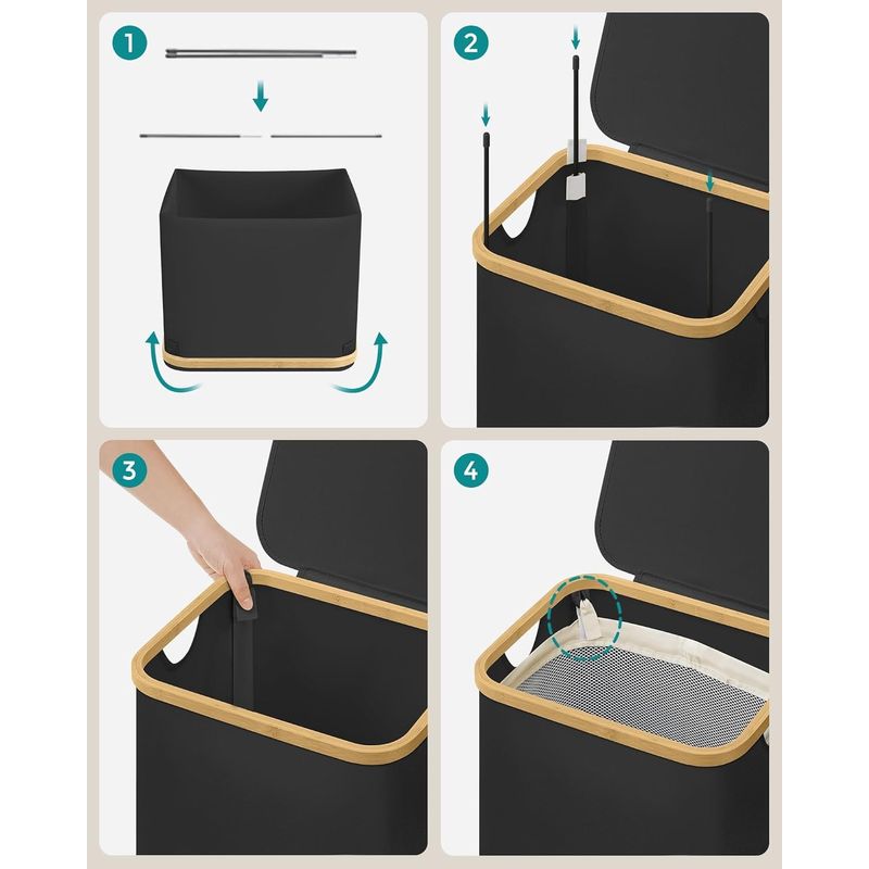 Market - Spalare si intretinere rufe - Uscatoare de rufe si accesorii - Cos de rufe textil, pliabil, compartiment detasabil, 90L, 42x32x71 cm, negru - Infinity.ro