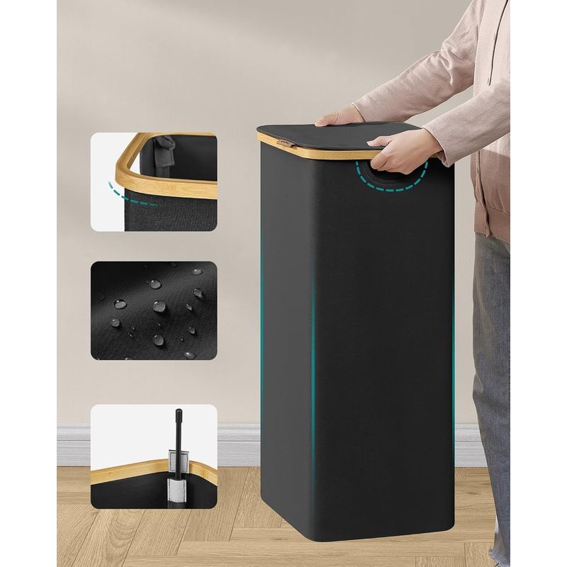 Market - Spalare si intretinere rufe - Uscatoare de rufe si accesorii - Cos de rufe textil, pliabil, compartiment detasabil, 90L, 42x32x71 cm, negru - Infinity.ro