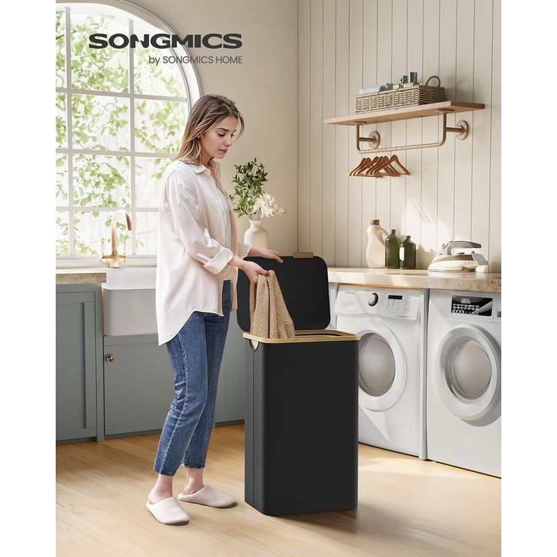 Market - Spalare si intretinere rufe - Uscatoare de rufe si accesorii - Cos de rufe textil, pliabil, compartiment detasabil, 90L, 42x32x71 cm, negru - Infinity.ro