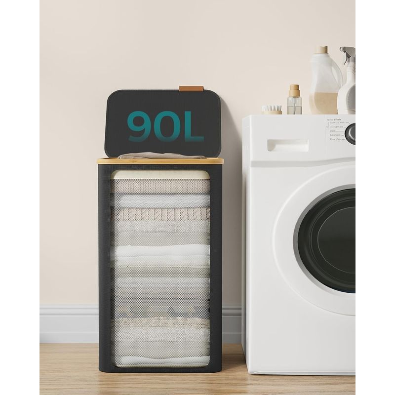 Market - Spalare si intretinere rufe - Uscatoare de rufe si accesorii - Cos de rufe textil, pliabil, compartiment detasabil, 90L, 42x32x71 cm, negru - Infinity.ro