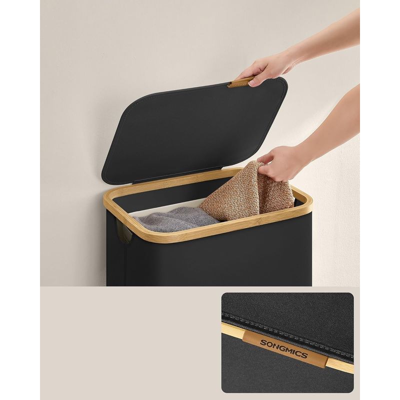 Market - Spalare si intretinere rufe - Uscatoare de rufe si accesorii - Cos de rufe textil, pliabil, compartiment detasabil, 90L, 42x32x71 cm, negru - Infinity.ro