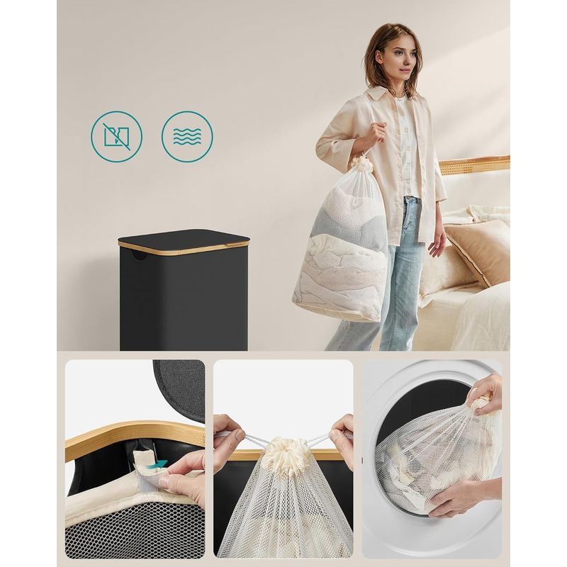 Market - Spalare si intretinere rufe - Uscatoare de rufe si accesorii - Cos de rufe textil, pliabil, compartiment detasabil, 90L, 42x32x71 cm, negru - Infinity.ro