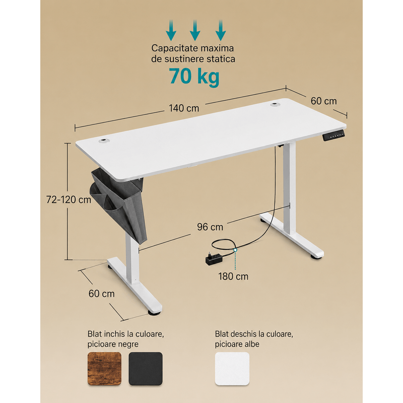 Casa si Gradina - Mobilier - Mese si birouri - Birouri - Birou reglabil electric, inaltime ajustabila 72-120 cm, cadru otel, blat PAL 140x60 cm, functie memorie 4 pozitii, alb - Infinity.ro