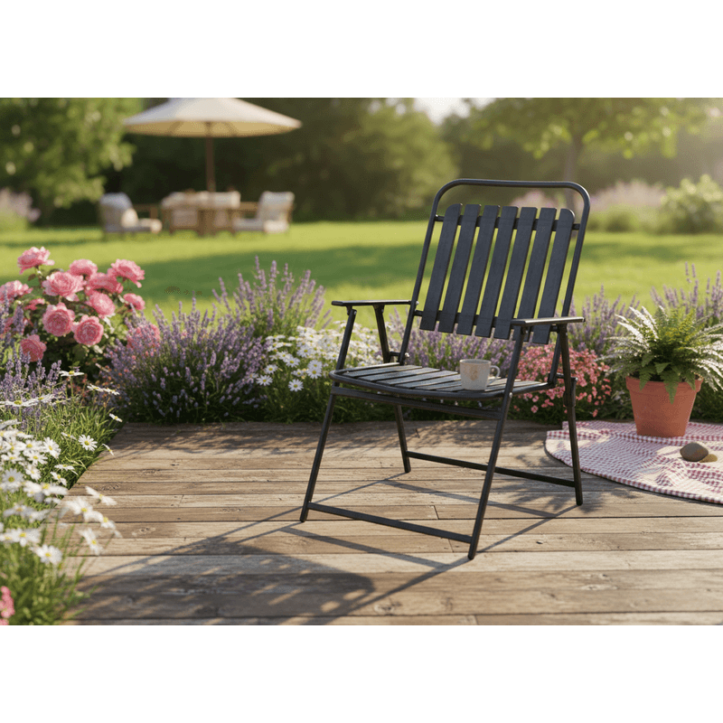 Casa si Gradina - Gradina si terasa - Mobilier exterior - Seturi mobila gradina - Scaun gradina pliabil cu cadru metalic si sezut PP, maxim 110 kg, 63x55x90 cm, negru - Infinity.ro