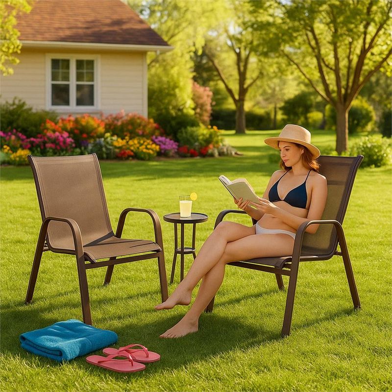 Casa si Gradina - Gradina si terasa - Mobilier exterior - Seturi mobila gradina - Set 2 scaune gradina, cadru metalic, textilene, maxim 120 kg, 92x53x72 cm, maro - Infinity.ro