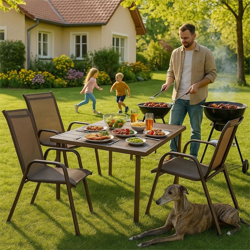 Casa si Gradina - Gradina si terasa - Mobilier exterior - Seturi mobila gradina - Set 2 scaune gradina, cadru metalic, textilene, maxim 120 kg, 92x53x72 cm, maro - Infinity.ro