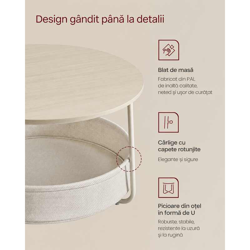 Casa si Gradina - Mobilier - Mese si birouri - Masute de cafea - Masuta de cafea rotunda cu cos de stofa, stil modern, 45x75cm, bej cu crem - Infinity.ro