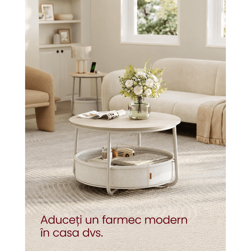 Casa si Gradina - Mobilier - Mese si birouri - Masute de cafea - Masuta de cafea rotunda cu cos de stofa, stil modern, 45x75cm, bej cu crem - Infinity.ro