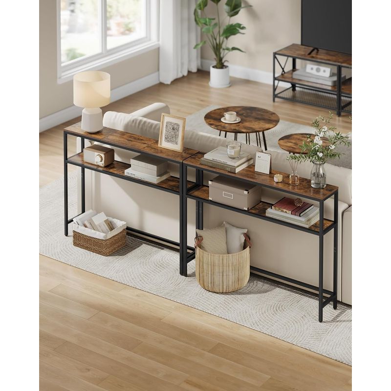 Casa si Gradina - Mobilier - Mese si birouri - Masute de cafea - Masa tip consola ingusta cu 2 rafturi, cadru metalic, stil industrial, 100x20x80 cm, maro rustic - Infinity.ro