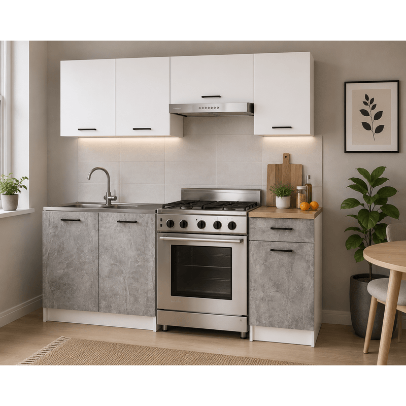 Casa si Gradina - Mobilier - Comode si corpuri - Corpuri bucatarie - Set mobila bucatarie Olivia 180 cm, cu blat stejar sonoma, PAL laminat, 5 corpuri, 180x46x203 cm, alb si gri beton - Infinity.ro