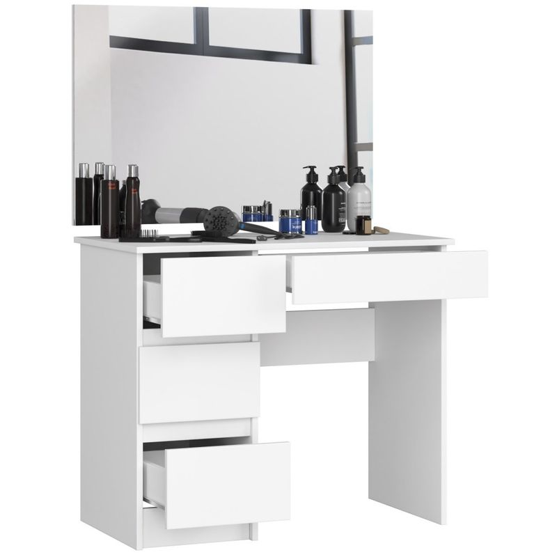 Casa si Gradina - Mobilier - Comode si corpuri - Masute de toaleta - Masa de toaleta si machiaj Stanga, cu oglinda mare, 4 sertare, PAL laminat 16 mm, 90x50x142 cm, alb - Infinity.ro