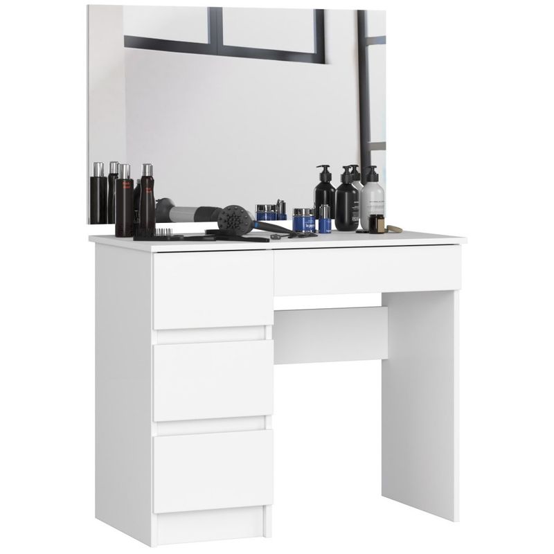 Casa si Gradina - Mobilier - Comode si corpuri - Masute de toaleta - Masa de toaleta si machiaj Stanga, cu oglinda mare, 4 sertare, PAL laminat 16 mm, 90x50x142 cm, alb - Infinity.ro
