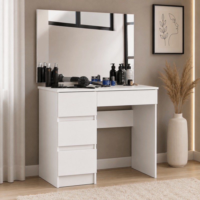 Casa si Gradina - Mobilier - Comode si corpuri - Masute de toaleta - Masa de toaleta si machiaj Stanga, cu oglinda mare, 4 sertare, PAL laminat 16 mm, 90x50x142 cm, alb - Infinity.ro